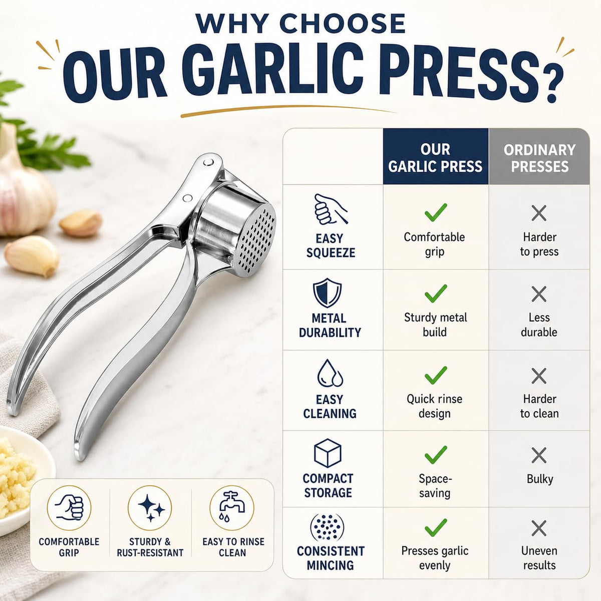 Garlic Press, Stainless Steel Manual Crusher and Mincer with Ergonomic Handle for Garlic Cloves, Compact Easy-Clean Kitchen Tool, Silver, XD-71 - image 4