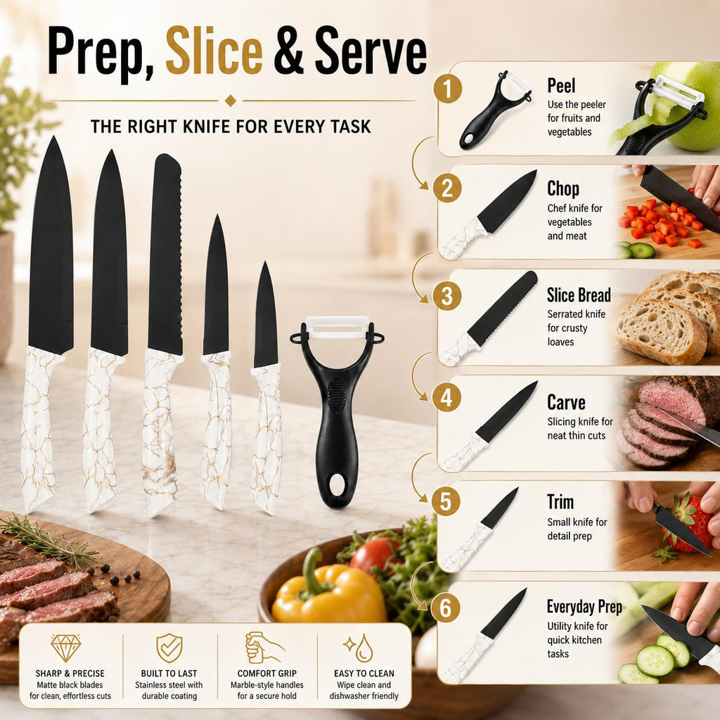 Kitchen Knife Set 6 Pieces, Marble Coated Non-Stick Steel Knives with ABS Handles, Chef, Bread, Slicing, Multipurpose and Paring Knives for Home Cooking, H-735 - image 5