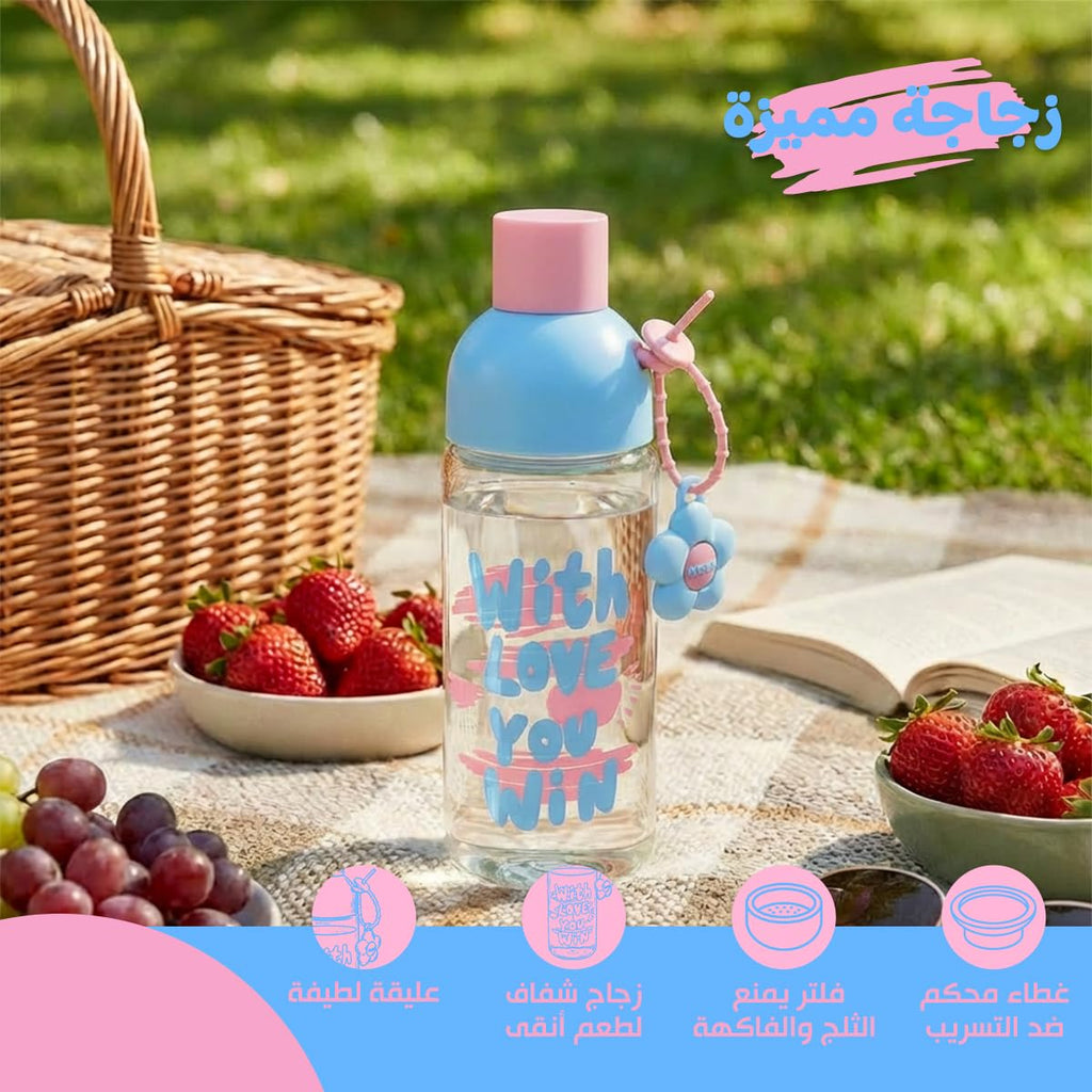 Water Bottle Glass 450 ml with Strainer, Leak-Proof BPA-Free Cute Infuser Cup with Easy-Grip Lid for Tea, Juice and Milk, Indoor and Outdoor, GG-2538 (Pink, blue) - image 2