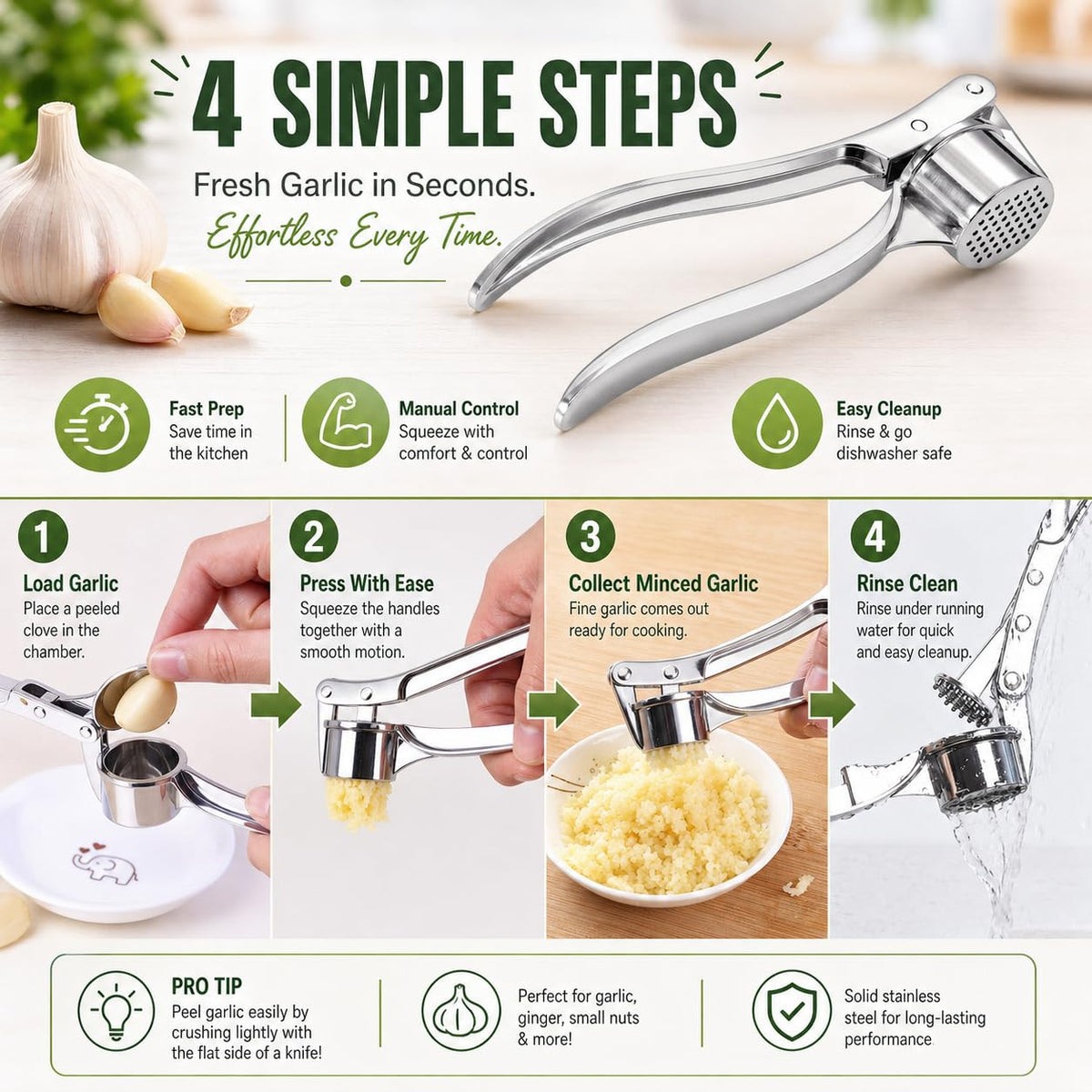 Garlic Press, Stainless Steel Manual Crusher and Mincer with Ergonomic Handle for Garlic Cloves, Compact Easy-Clean Kitchen Tool, Silver, XD-71 - image 5