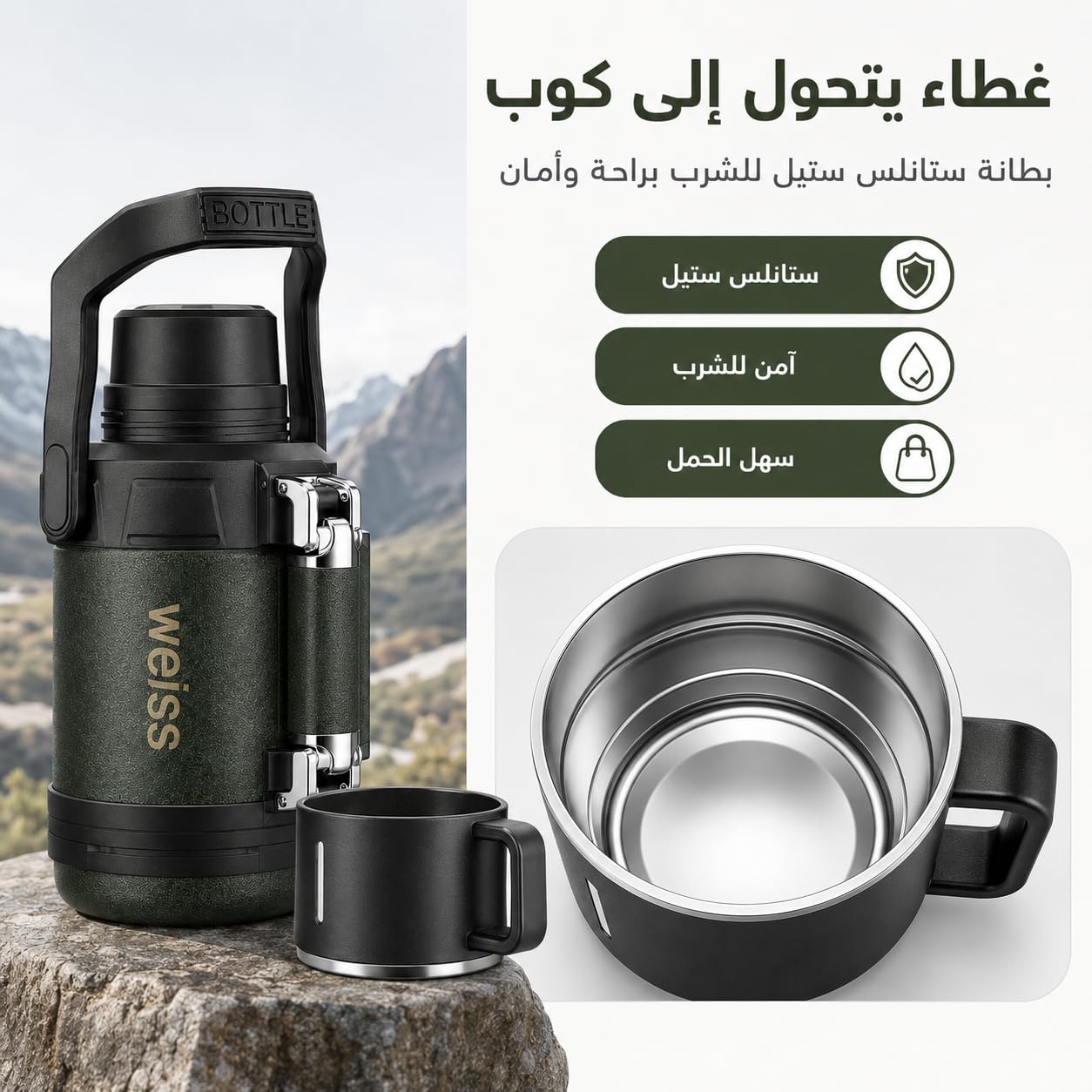 Insulated Stainless Steel Water Bottle 2.3L, 316 Vacuum Flask with Carry Handle, Leakproof Hot and Cold Travel Bottle for Gym, Office, Camping and Daily Use, F-1522 (Army Green) - image 5
