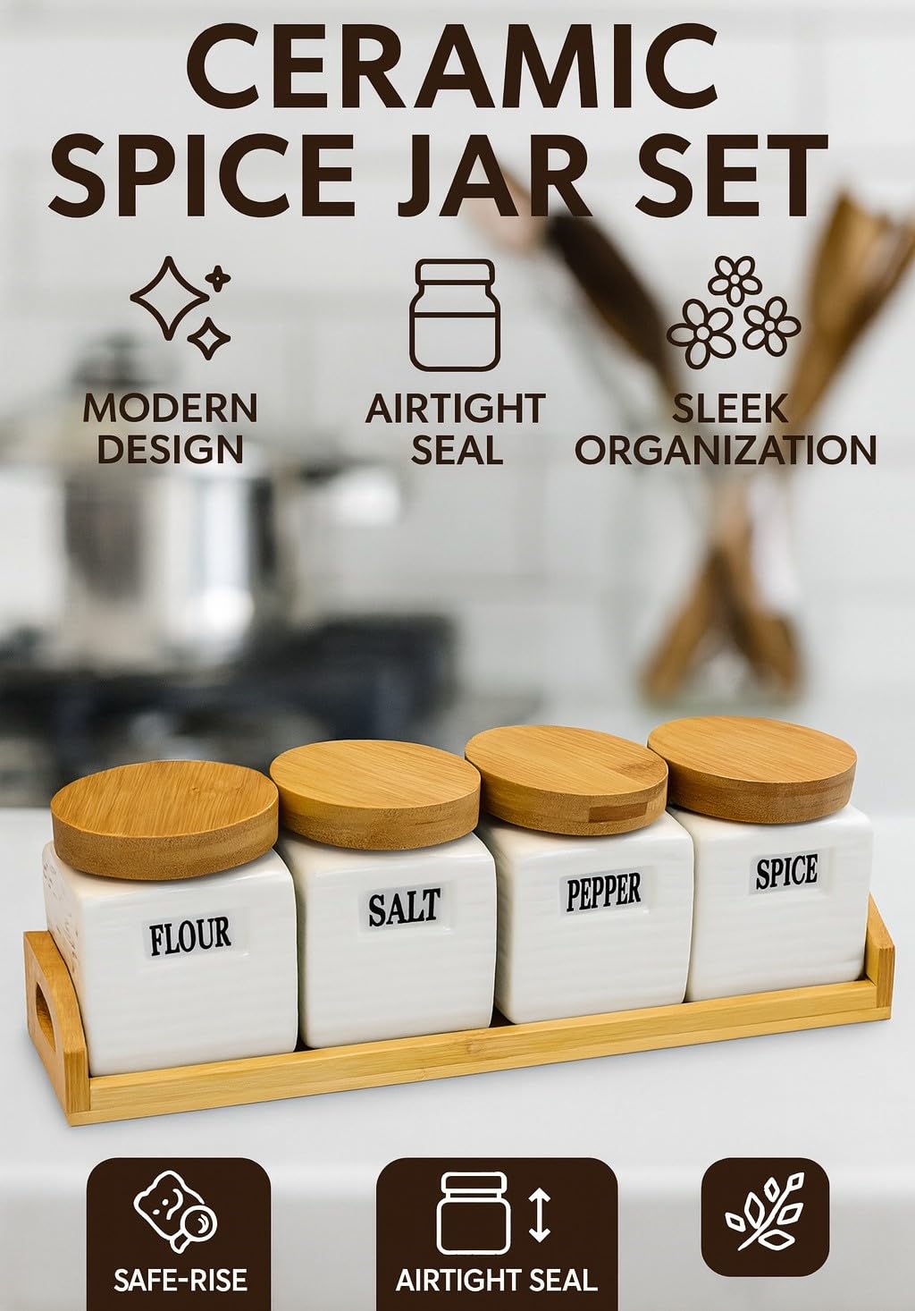 Ceramic Canister Set, 4-Piece Kitchen Storage Jars with Bamboo Lids and Base, White Containers for Sugar, Coffee, Tea, Spices and Dry Food - image 2