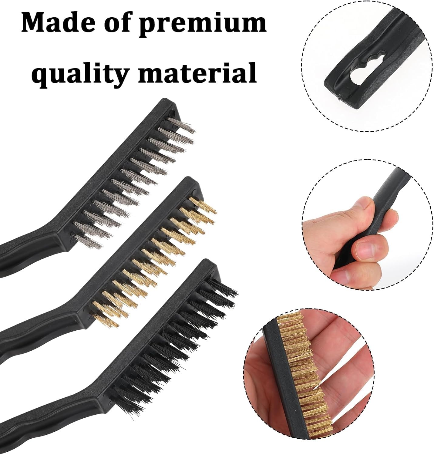 Wire Brushes Set 6 Piece Curved Handle Nylon Brass Stainless Steel Bristles Cleaning Kit for Rust Paint Dirt Removal Metal Grill Kitchen Workshop Black - image 3