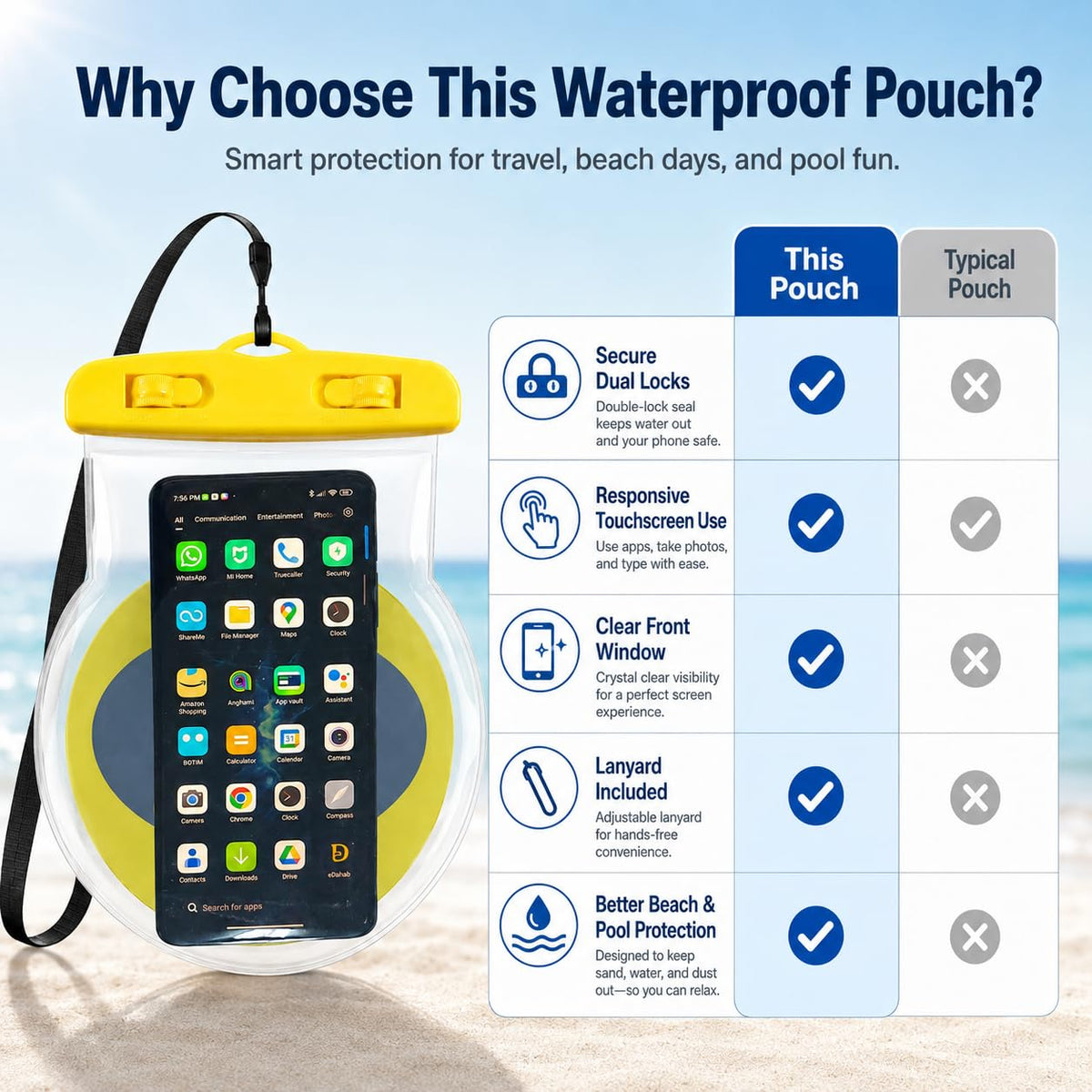 Waterproof Phone Pouch, Touchscreen Dry Bag for Smartphones up to 7 Inches with Neoprene Body and Carry Strap for Swimming, Beach, Pool and Travel, Bat Design - image 4