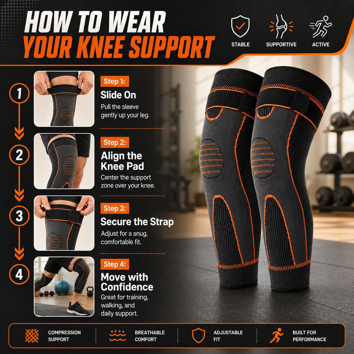 Knee Support Sleeve with Artemisia Argyi, Adjustable Breathable Non-Slip Thermal Knee Warmer Pad for Men and Women, Walking, Standing and Light Activity, Black, SBK-4674 - image 5