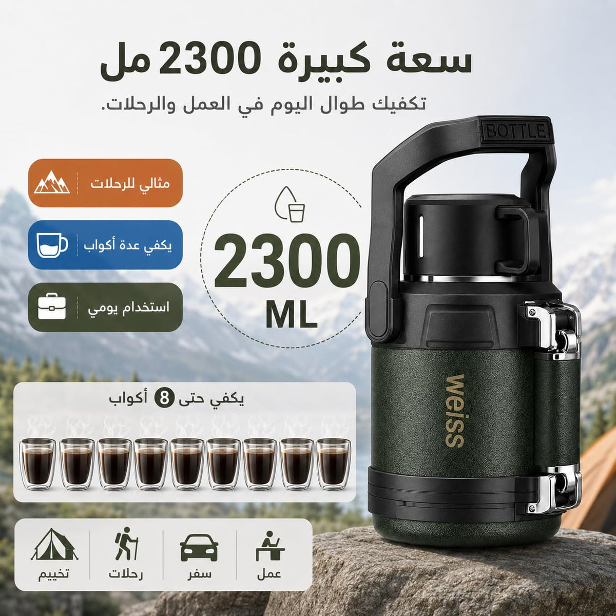Insulated Stainless Steel Water Bottle 2.3L, 316 Vacuum Flask with Carry Handle, Leakproof Hot and Cold Travel Bottle for Gym, Office, Camping and Daily Use, F-1522 (Army Green) - image 3