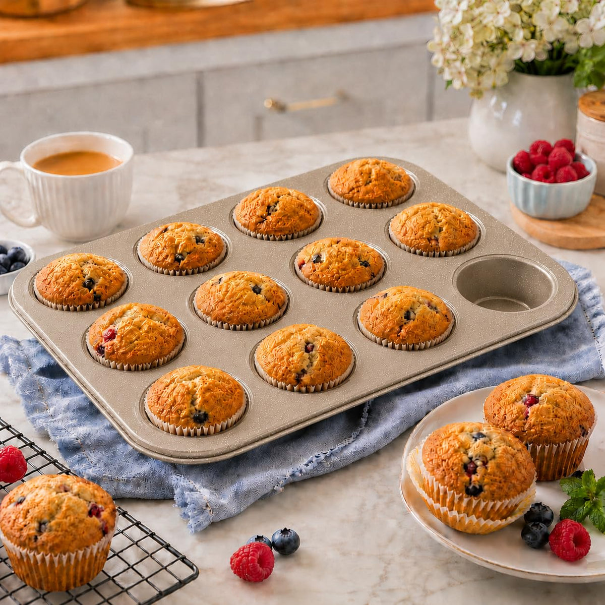 Muffin Pan 12 Cup, Nonstick Reusable Cupcake Baking Tray for Muffins, Mini Cakes, Egg Bites and Individual Desserts, 35 × 26cm, KK-24 (Silver) - image 7