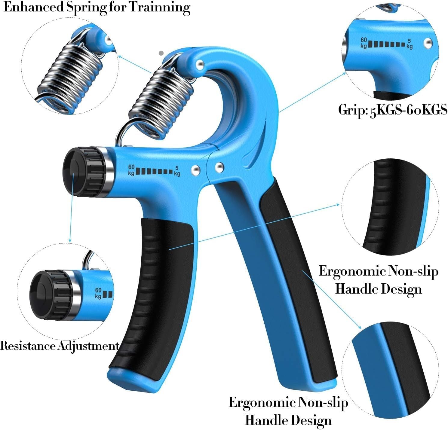 Hand Grip Strengthener Set, 5-Piece Adjustable Resistance Forearm and Finger Exerciser Kit with Hand Gripper, Finger Stretcher, Grip Ring and Squeeze Ball (Blue) - image 2