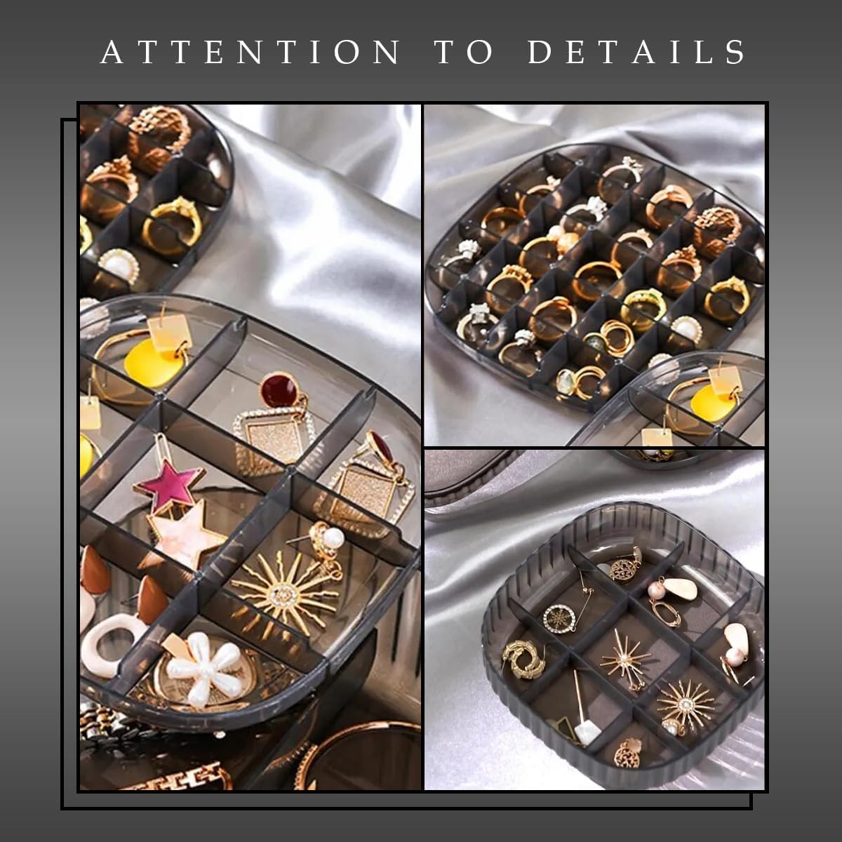 Jewelry Organizer Box, 3-Layer Stackable Velvet-Lined Storage Case with Drawers for Earrings, Rings, Necklaces, Bracelets and Accessories, Tabletop, Grey - image 4