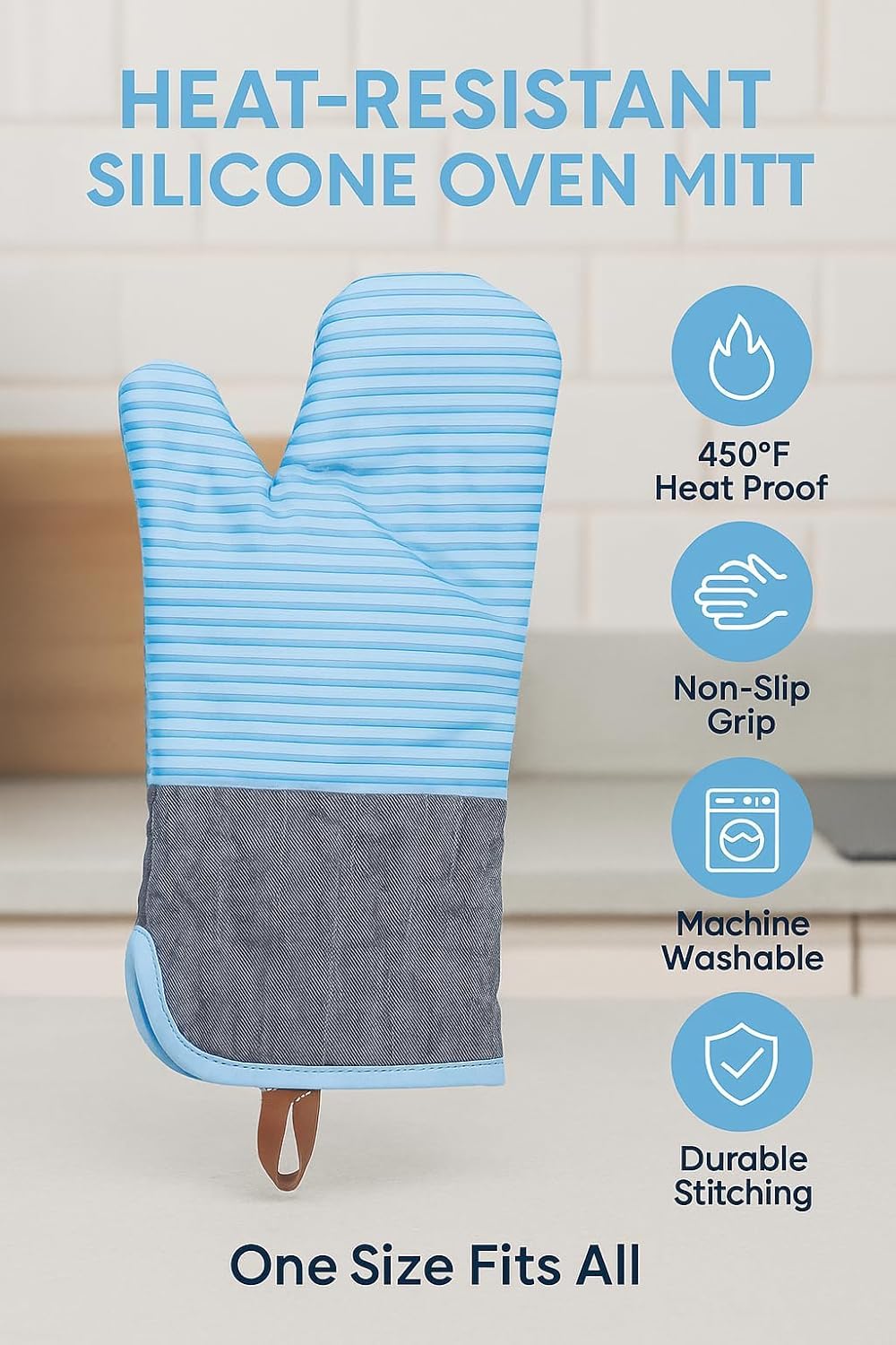 Oven Mitts Silicone Oven Gloves Heat Resistant Non Slip Kitchen Mittens for Cooking Baking and BBQ Machine Washable Durable for Men and Women (Blue) - image 2