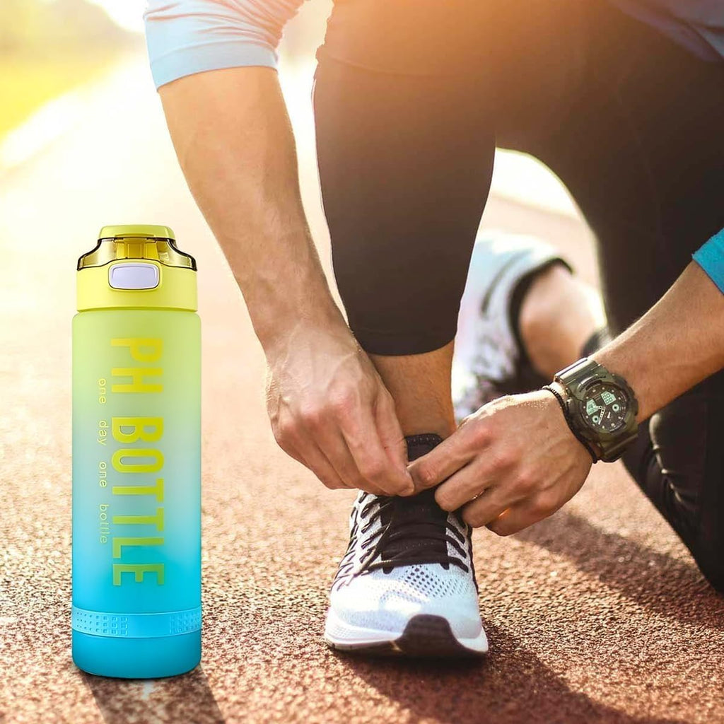Water Bottle 1L with Time Marker and Handle, Leakproof BPA-Free Reusable Sports Bottle for Gym, Travel, Office, School and Outdoor Fitness (Yellow & Blue) - image 6