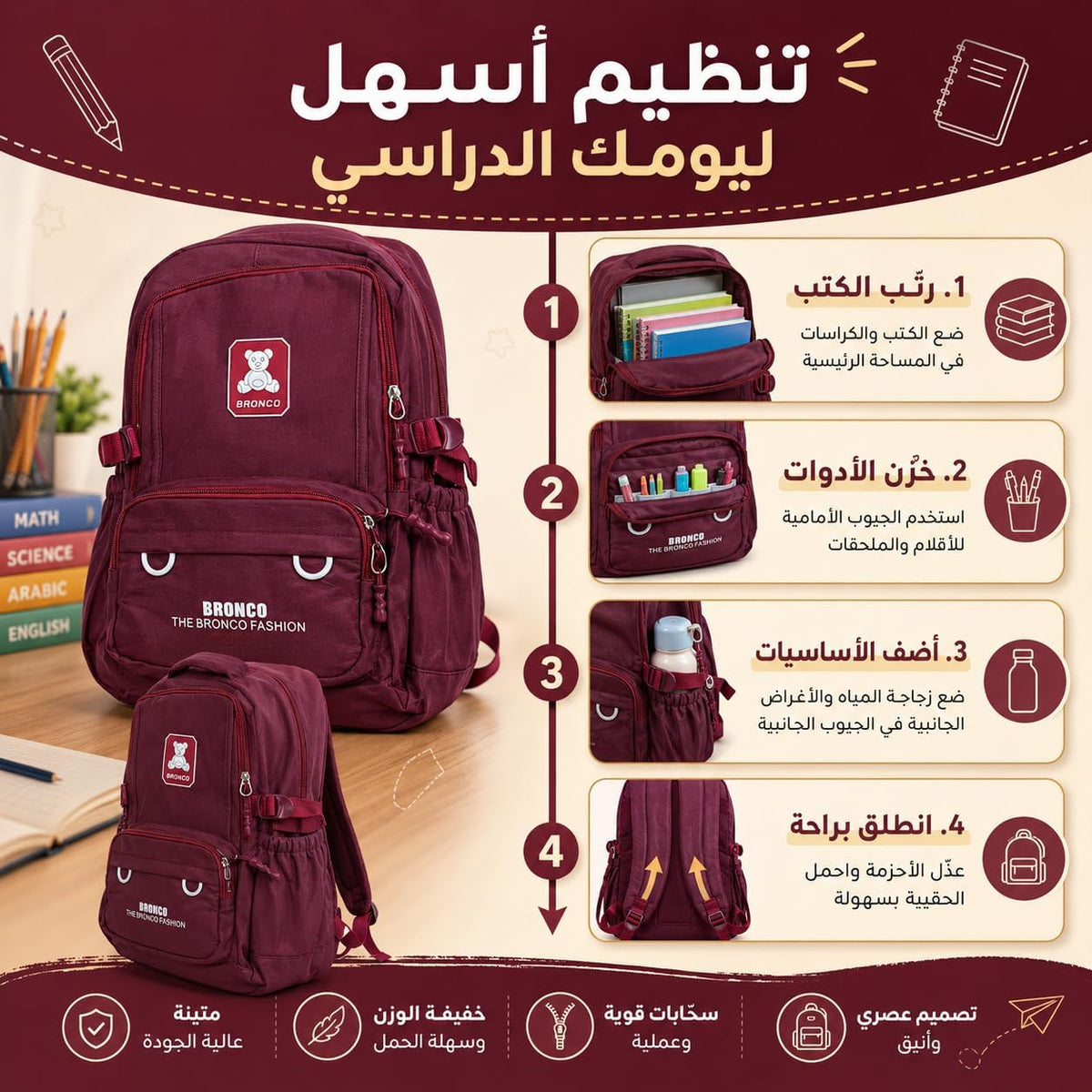 School Backpack for Boys, Large Capacity Lightweight Nylon Bookbag with Multiple Pockets, Wear-Resistant Breathable Student Bag for Daily School and Travel, Red - image 2