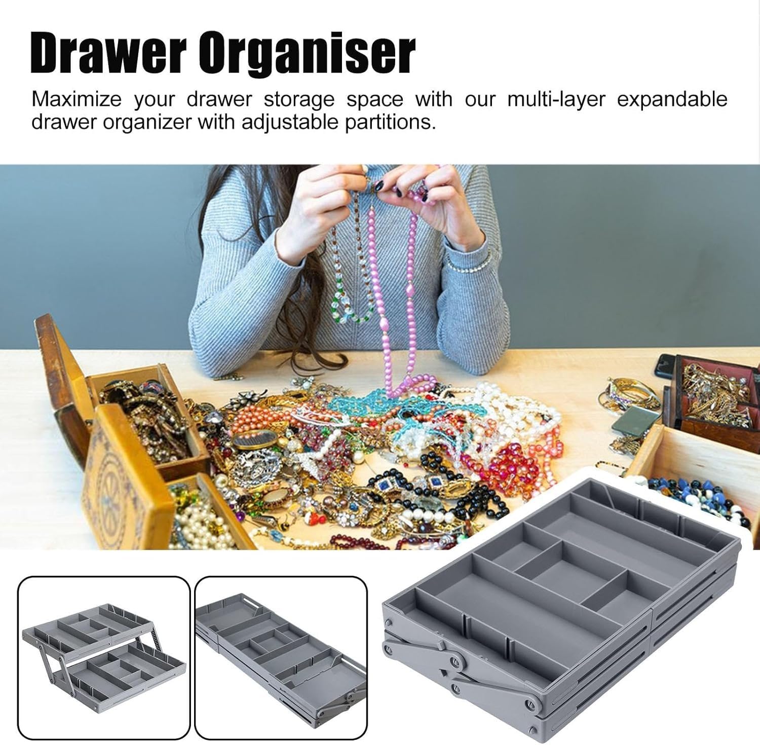 Drawer Organizer 2 Tier Folding Storage Drawers for Makeup and Jewelry, Desktop Desk Organizer for Office Supplies, Smart Space Saver for Kitchen Counter and Vanity - image 3