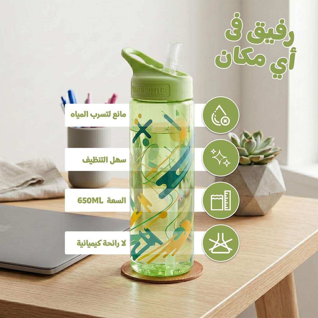Water Bottle 650ml BPA-Free Plastic with Carry Handle, Leak-Resistant Sports Drinking Bottle for Gym, School, Travel, Home and Outdoor Use, FL-236-B, Green - image 2