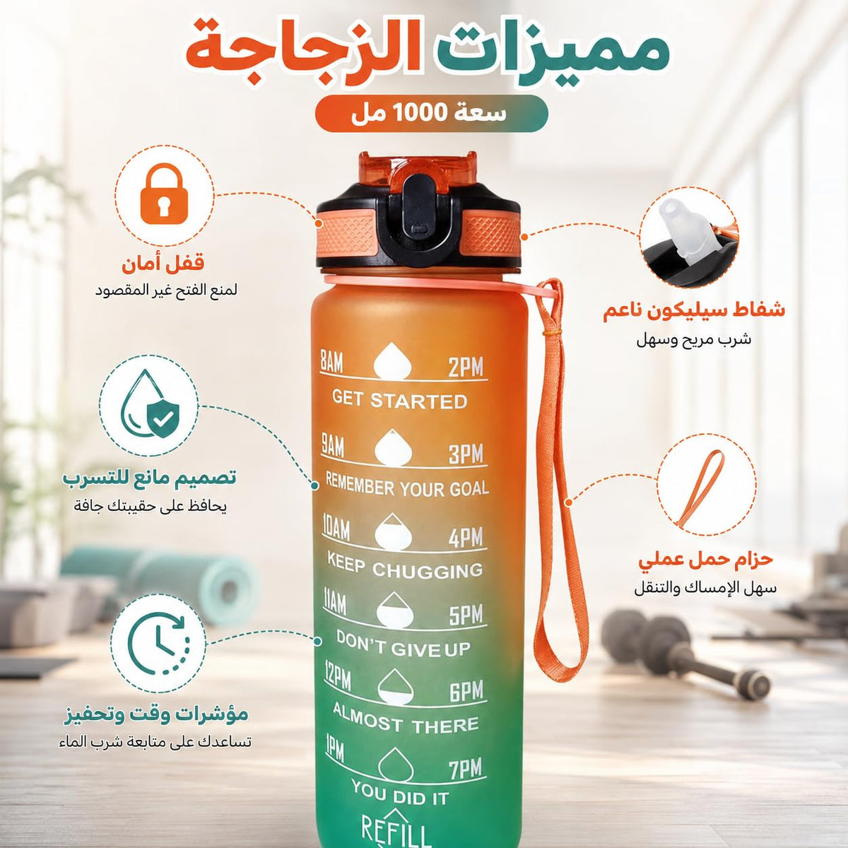 Water Bottle 1L with Time Markings and Carry Handle, Leak-Resistant Reusable Sports Drinking Bottle for Gym, Fitness, Work, School, Travel and Outdoor Use, FL-1, Orange & Blue - image 4