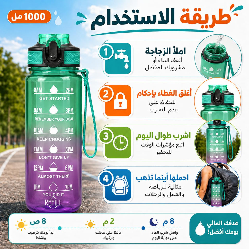 Water Bottle 1 L with Time Markings and Carry Handle, Leak-Resistant Reusable Sports Bottle for Gym, Fitness, Work, School, Travel and Outdoor Use, FL-1263, Green & Purple - image 5