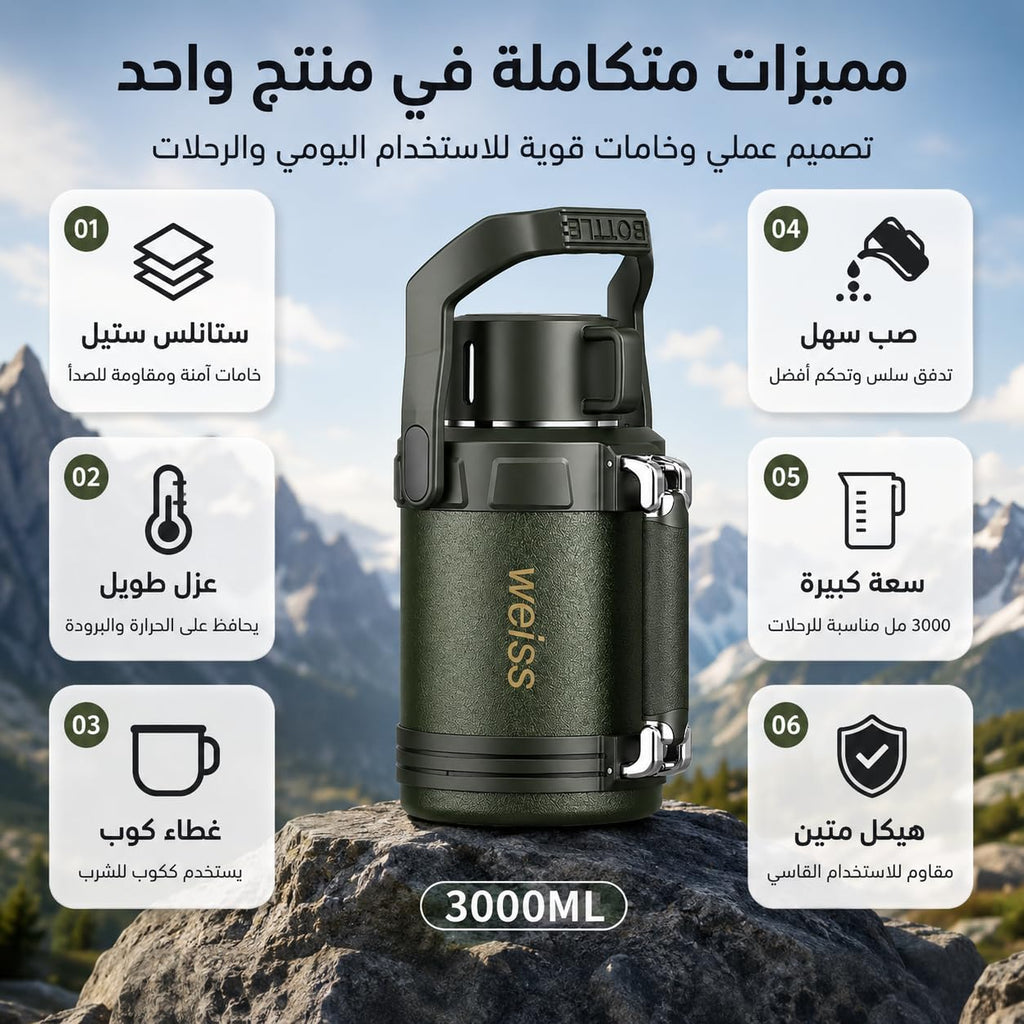 Water Bottle 3L, 316 Stainless Steel Vacuum Insulated Large Flask with Leakproof Lid, 24-Hour Cold Retention for Hot and Cold Drinks, Camping, Office and Home, F-1523, Army Green - image 2