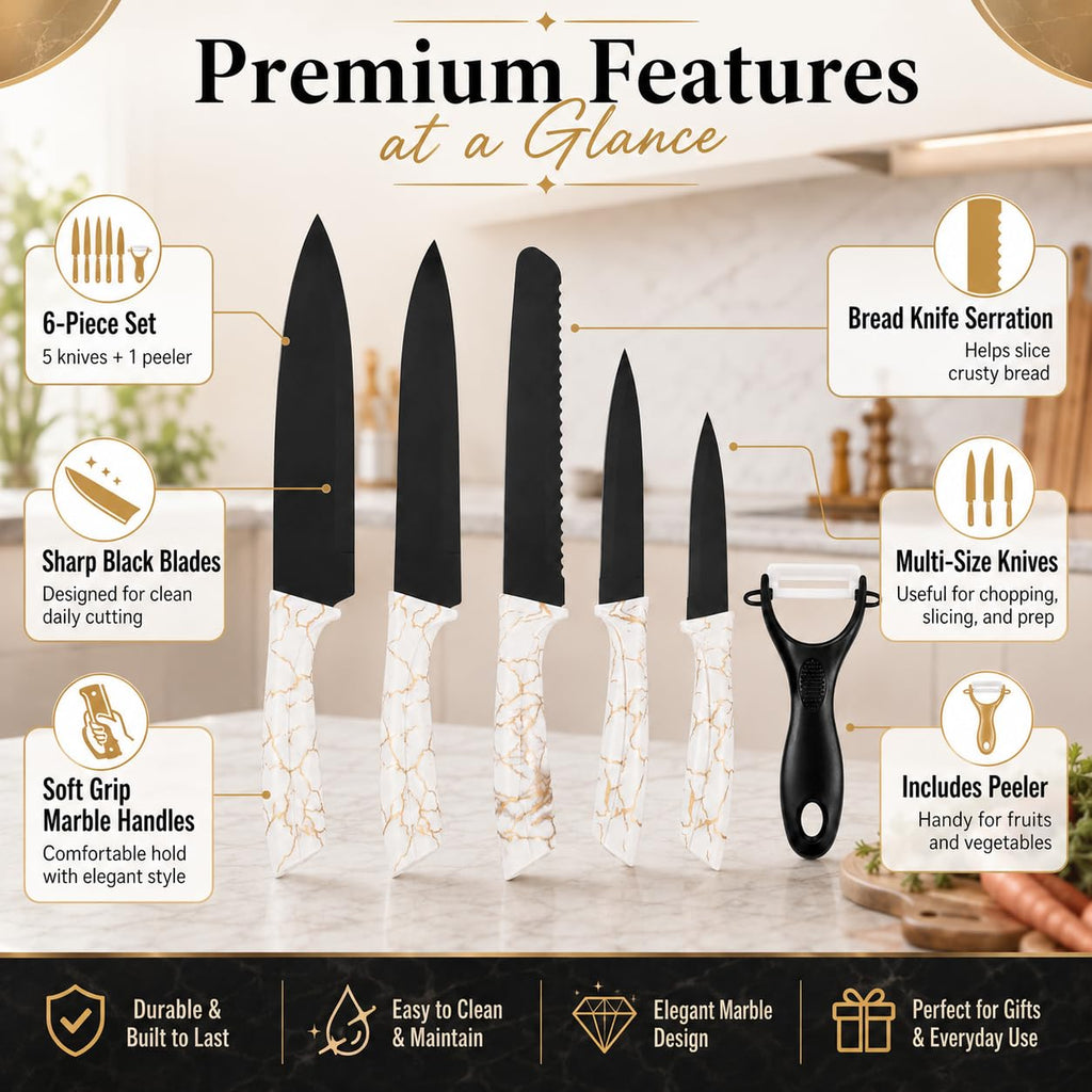 Kitchen Knife Set 6 Pieces, Marble Coated Non-Stick Steel Knives with ABS Handles, Chef, Bread, Slicing, Multipurpose and Paring Knives for Home Cooking, H-735 - image 3