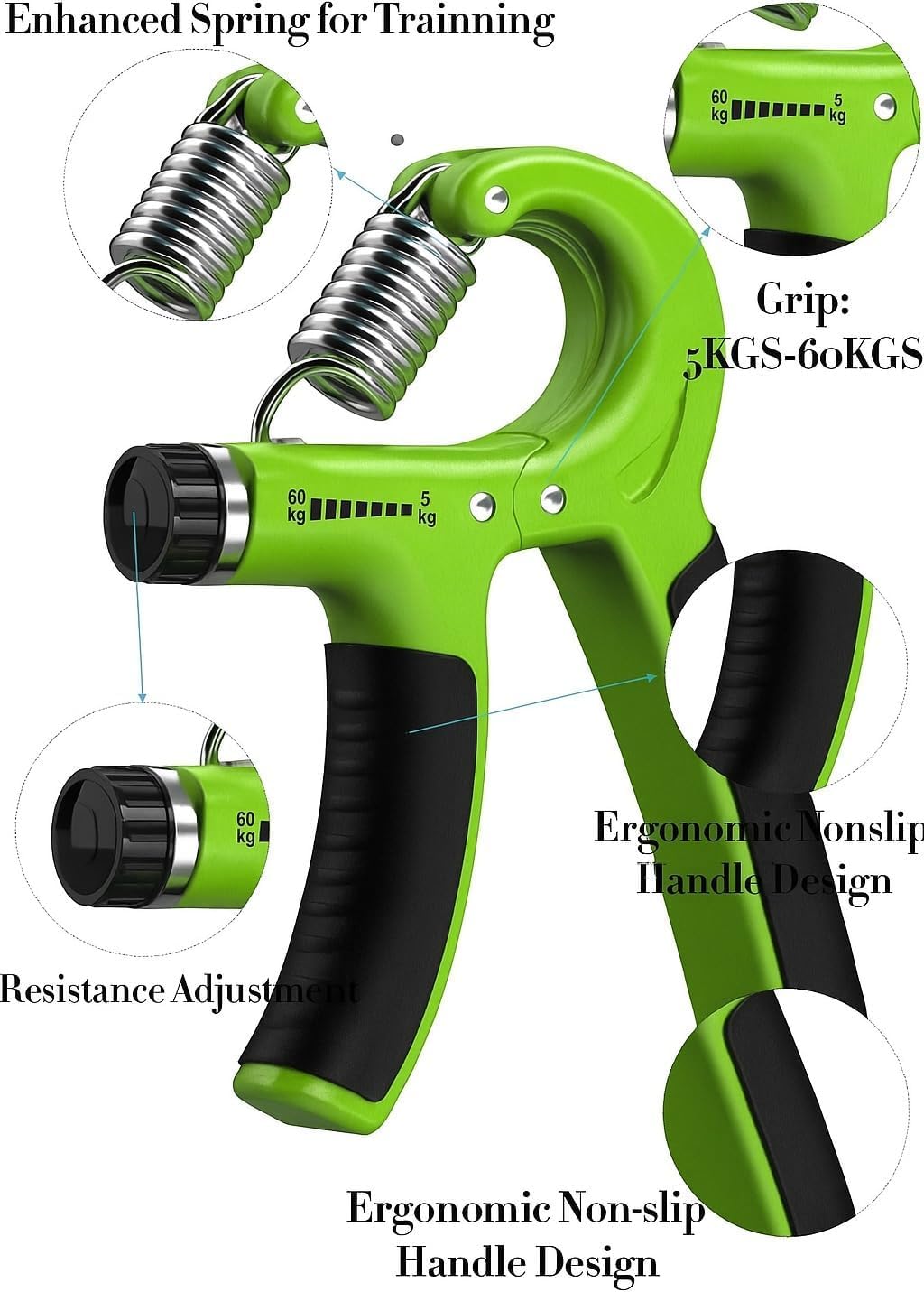 Hand Grip Strengthener Set 5 Pcs Adjustable Resistance Hand Exerciser, Finger Wrist Forearm Trainer Grip Strength Tool for Home Gym Office, (Green) - image 2