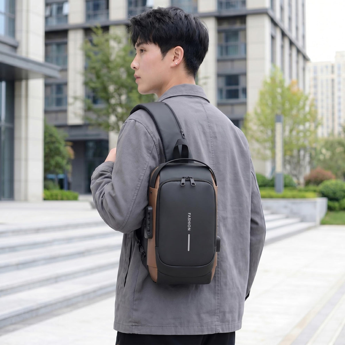 Crossbody Sling Bag for Men and Women, Chest and Shoulder Bag with Combination Lock, USB Access Port, Multiple Pockets and Water-Resistant Exterior (Black & Brown) - image 7