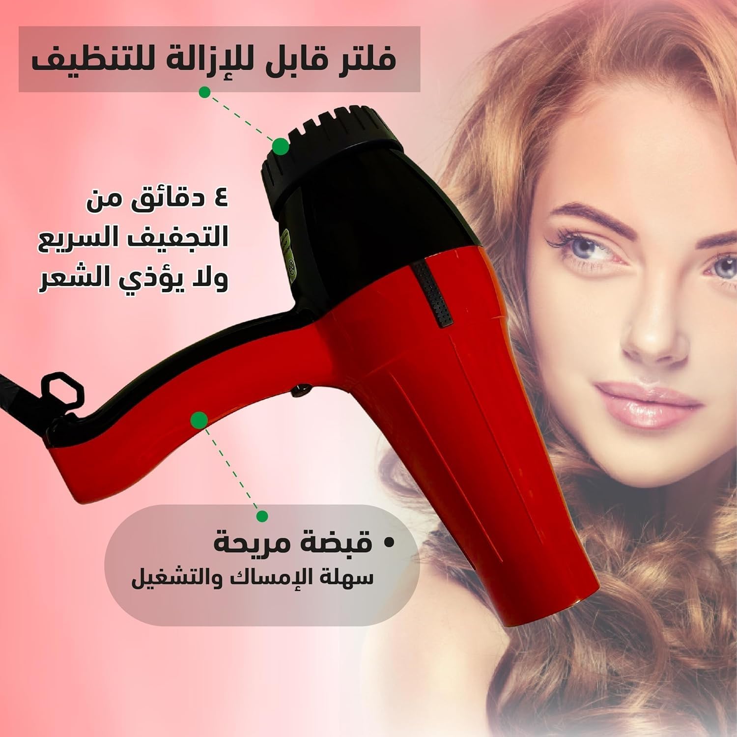 Hair Dryer 1500W, Ionic Blow Dryer with 4 Heat Settings, 2 Speeds, Low-Noise Design, 360° Rotating Cord and Overheat Protection, Black and Red, Model 3800 - image 4