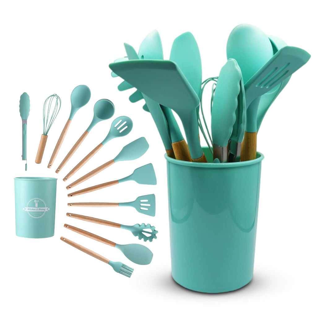 Silicone Kitchen Utensils Set 12 Pieces with Holder, Heat-Resistant Non-Scratch Cooking Tools for Non-Stick Cookware, Mixing, Serving and Food Preparation, Green - image 1
