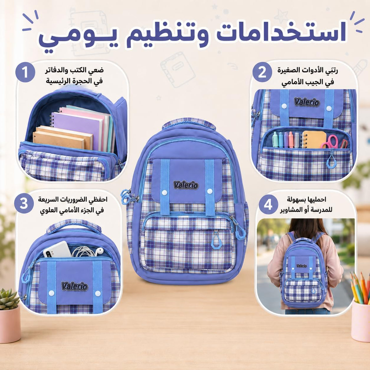 School Backpack for Nursery and Travel, Multi-Pocket Student Bookbag with Multiple Compartments, Front Pockets and Practical Everyday Size, Plaid - image 5