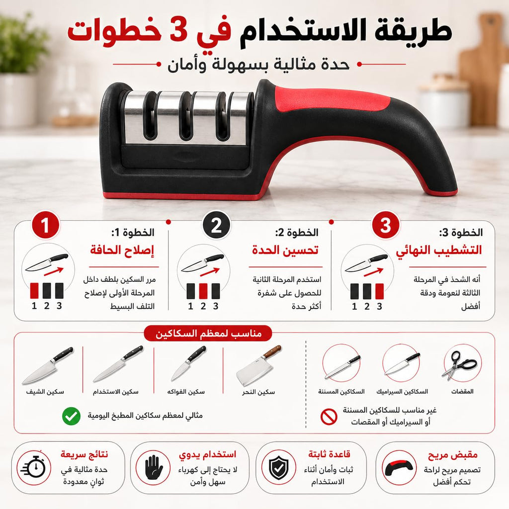 Knife Sharpener 3-in-1, Manual Stainless Steel Sharpening Tool for Kitchen Knives and Scissors with Non-Slip Ergonomic Handle, Black, H-145 - image 5