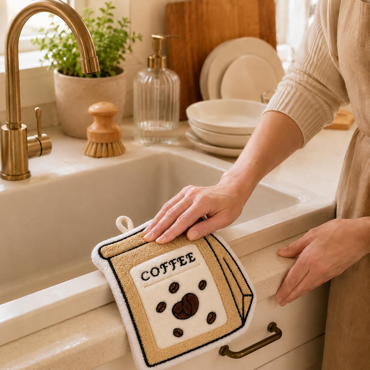 Kitchen Towel, Soft Absorbent Microfiber Hand and Dish Cloth with Hanging Loop, Reusable Towel for Drying Hands, Dishes and Kitchen Surfaces, J-457B, Coffee - image 8