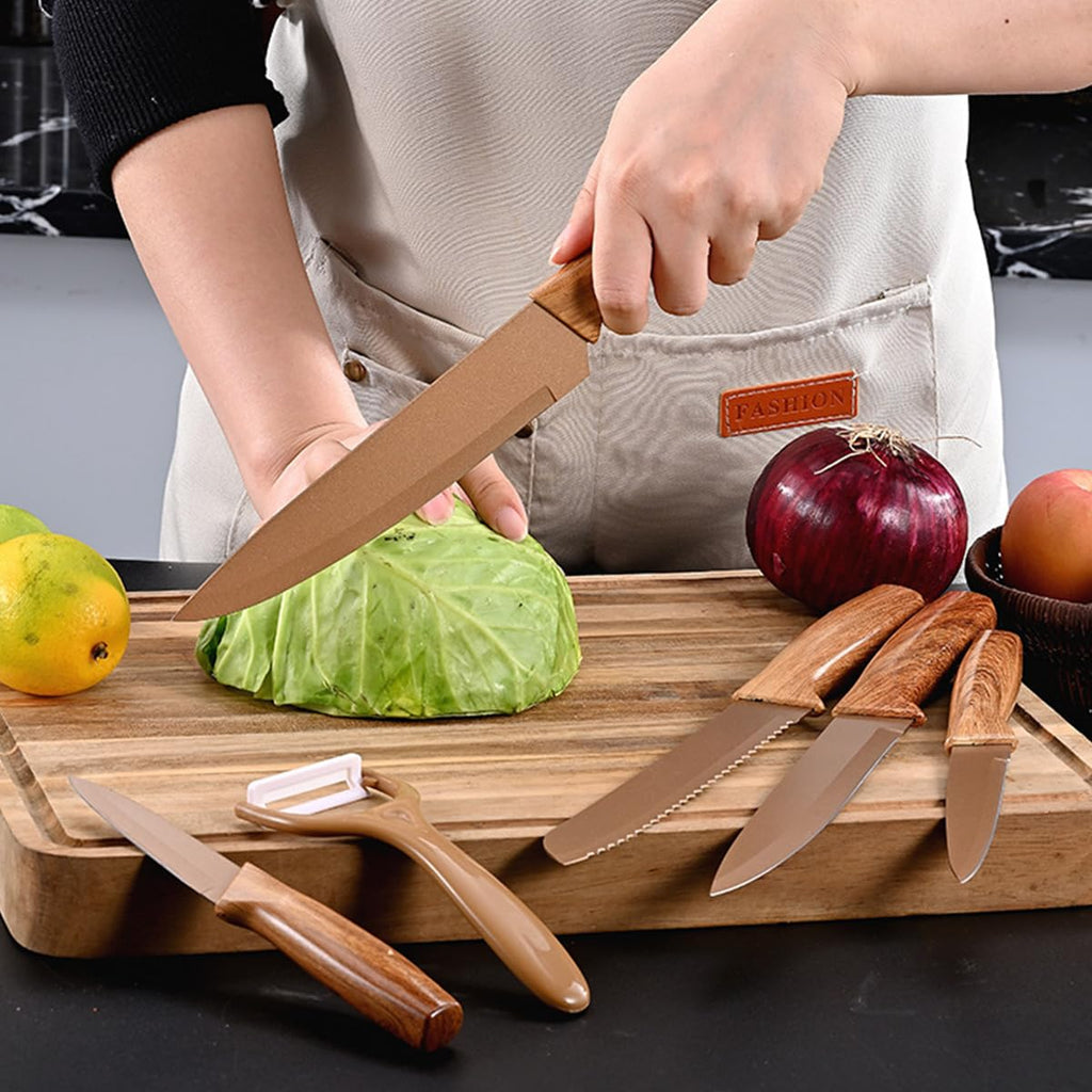 Kitchen Knife Set 6 Pieces with Grater, Stainless Steel Nonstick Blades and Wood-Grain Handles for Cutting, Slicing, Chopping and Food Preparation, Brown - image 6
