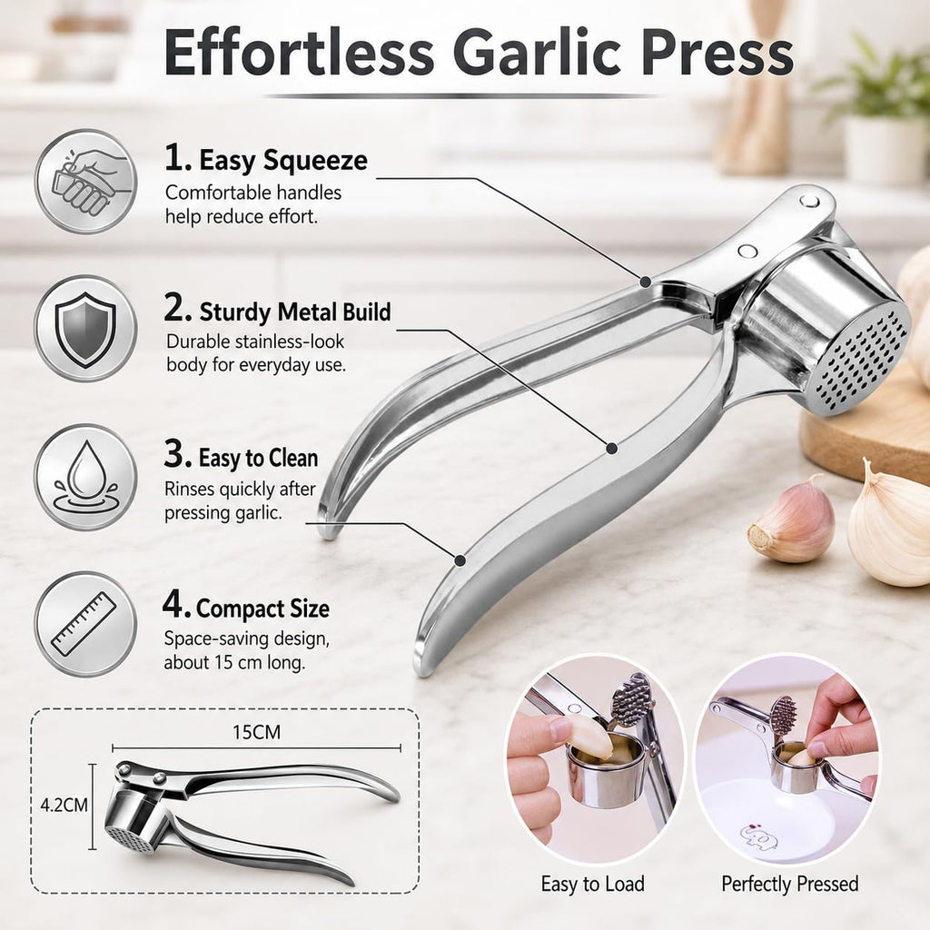 Garlic Press, Stainless Steel Manual Crusher and Mincer with Ergonomic Handle for Garlic Cloves, Compact Easy-Clean Kitchen Tool, Silver, XD-71 - image 2