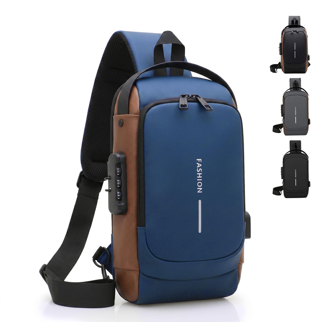 Crossbody Sling Bag for Men and Women, Chest and Shoulder Bag with Combination Lock, USB Access Port, Multiple Pockets, Adjustable Strap and Water-Resistant Exterior (Blue & Brown) - image 1