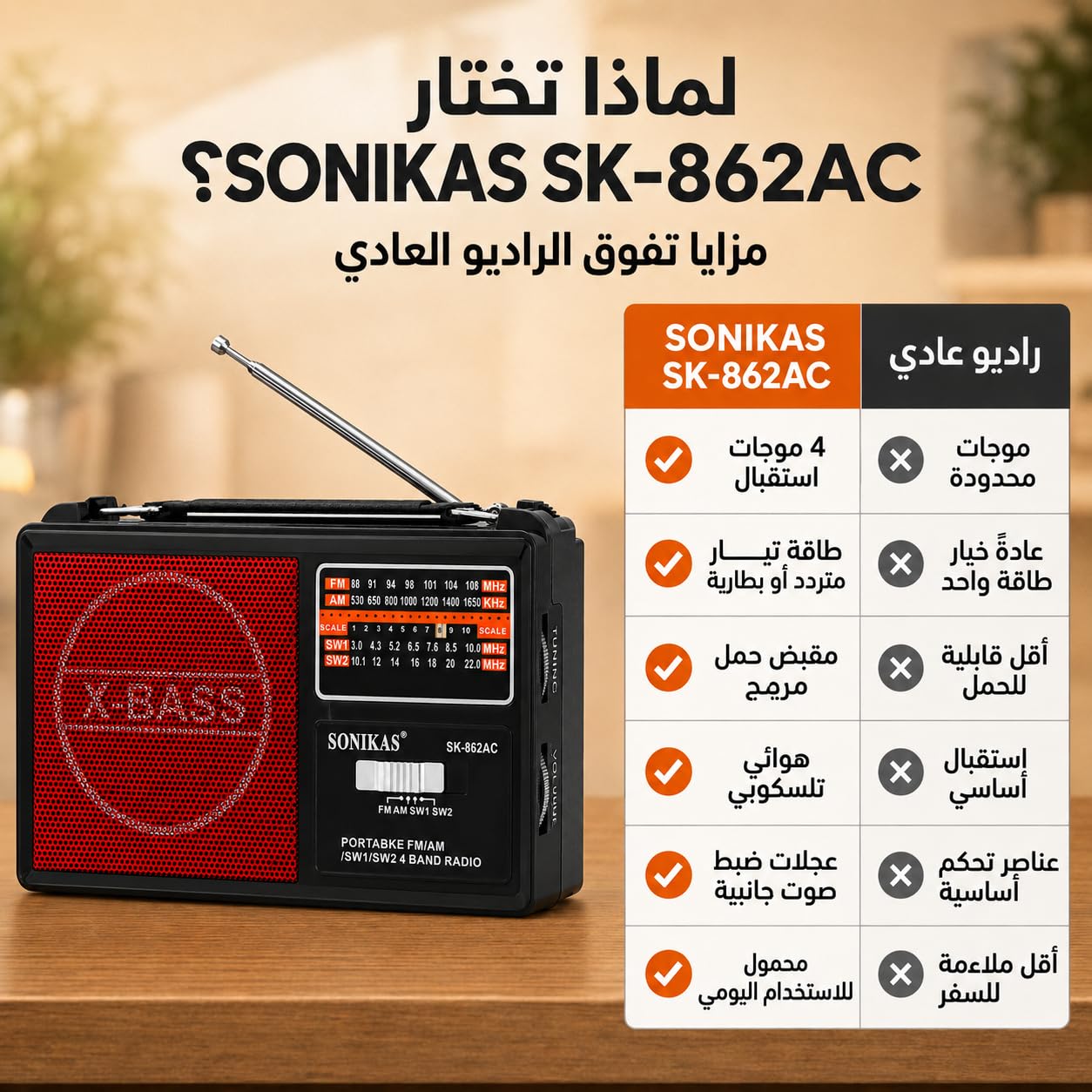 Portable Radio, 4-Band FM AM SW1 SW2 Analog Receiver with Telescopic Antenna, Compact Small Radio for Home, Kitchen, Travel and Outdoor Listening, SK-862AC (Red) - image 4