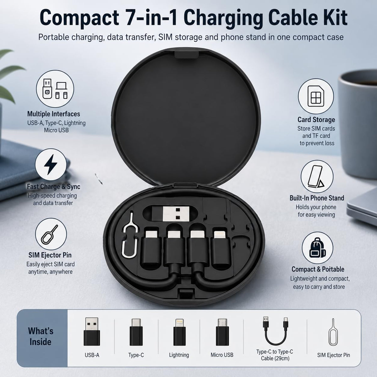 Cable Organizer Box, 60W Type-C Charging Cable Kit with USB, Type-C and Lightning-Compatible Adapters, Compact ABS Travel Case for Phone, Tablet, Laptop and Power Bank, Black, T-609 - image 2