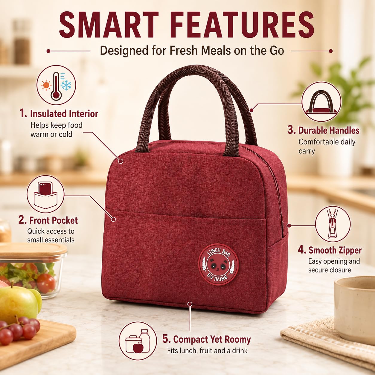 Lunch Bag 1.5L, Insulated Thermal Cooler Tote, Leak-Resistant Foldable Food Storage Bag for Work, School, Office, Beach, Travel and Picnic, Red - image 3