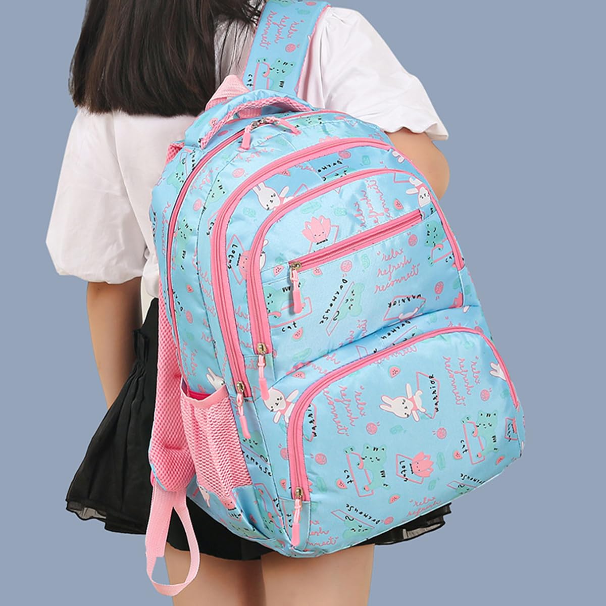 School Bag - Lightweight School Backpack for Kids & Girls, Multi Pocket, Large Capacity, Wear Resistant Breathable Nylon, Padded Straps, Side Bottle Pockets (Blue) - image 5