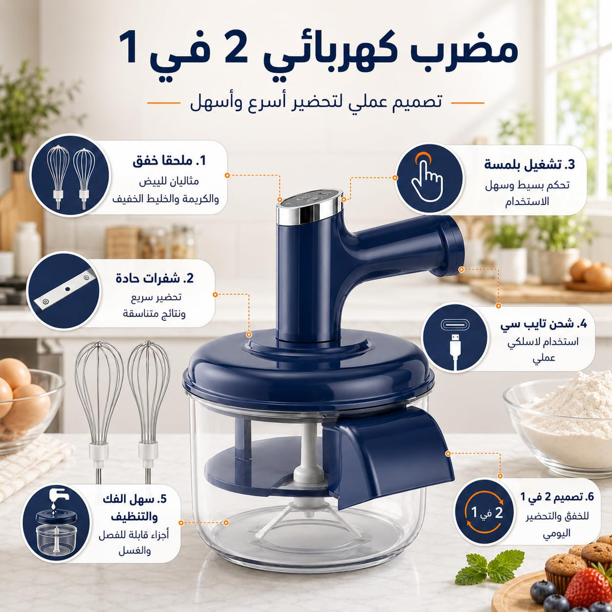 Vegetable Peeler and Egg Beater 2 in 1, 5-Blade Fruit and Potato Peeling Tool with Removable Whisk Attachment for Eggs, Batter Mixing and Food Preparation, T-1280 (Blue) - image 3