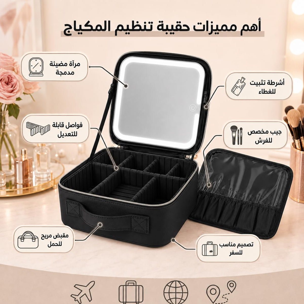 Makeup Bag with LED Mirror, Portable Cosmetic Case with 3 Light Modes, Adjustable Compartments and Water-Resistant ABS Storage Organizer for Women, Home and Travel, X-494, Black - image 2