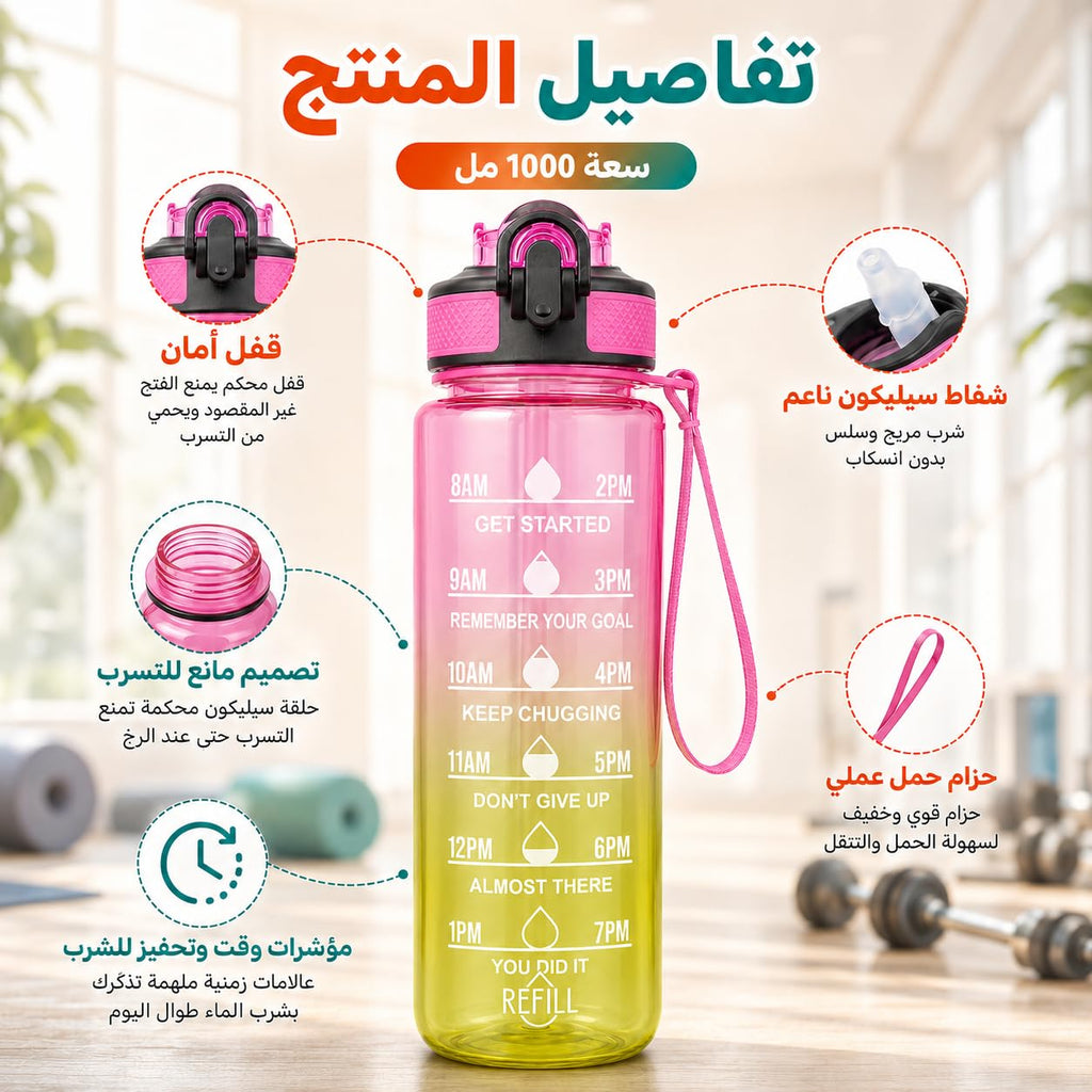 Water Bottle 1L with Time Markings and Carry Handle, Leak-Resistant Reusable Sports Bottle for Gym, Fitness, Work, School, Travel and Outdoor Use, FL-1263, Pink & Yellow - image 2