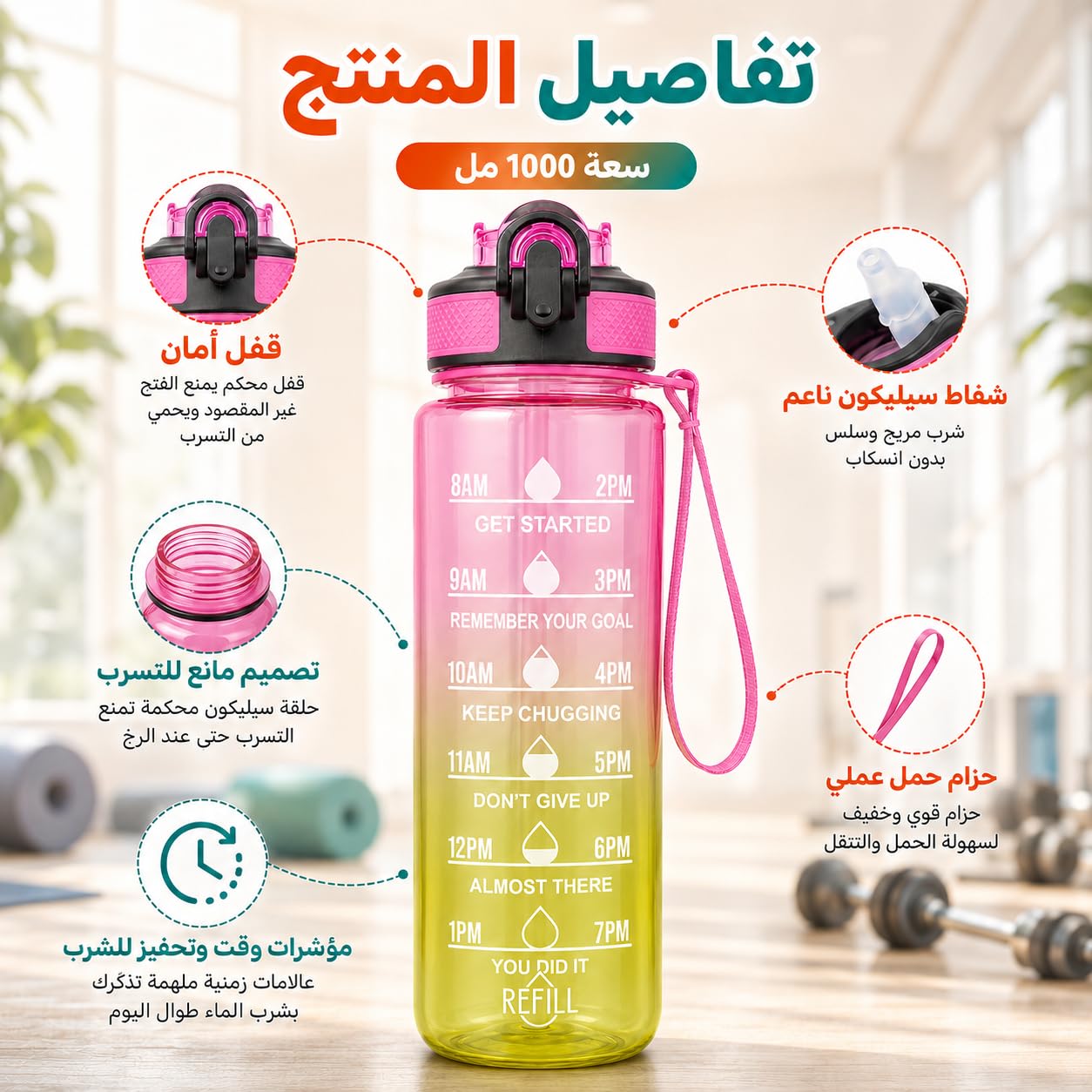 Water Bottle 1L with Time Markings and Carry Handle, Leak-Resistant Reusable Sports Bottle for Gym, Fitness, Work, School, Travel and Outdoor Use, FL-1263, Pink & Yellow - image 2