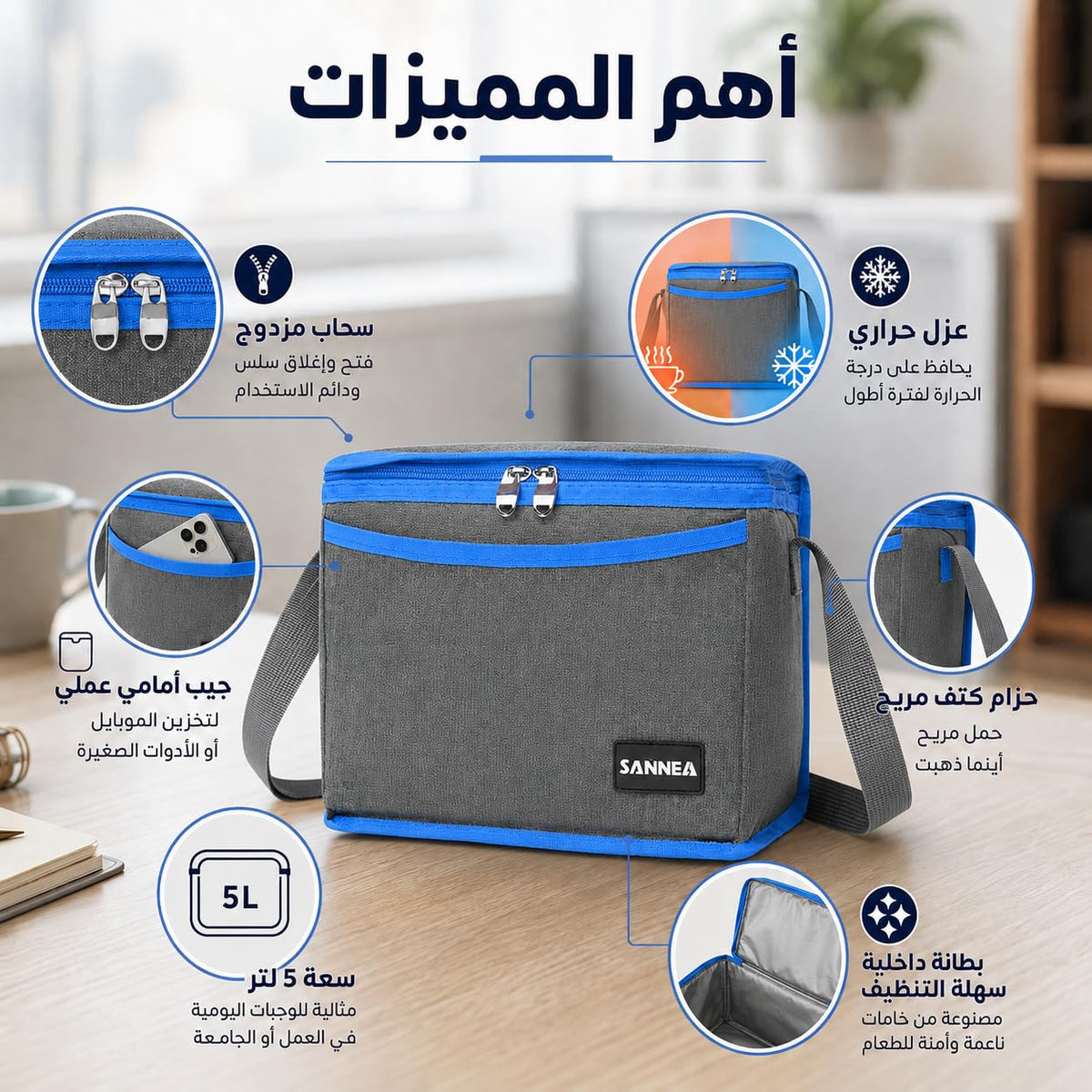 Lunch Bag 5L, Insulated Thermal Cooler Tote with Leak-Resistant Design, Zipper and Adjustable Shoulder Strap for Office, School, Travel and Picnic, BB-540 - image 2