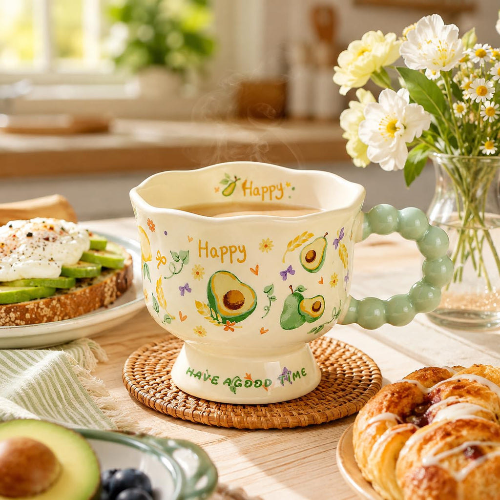 Ceramic Mug 340 ml for Coffee and Tea, Decorative Glazed Cup with Scalloped Rim, Beaded Handle and Stable Pedestal Base for Hot Drinks, TT-2533, Avocado - image 6
