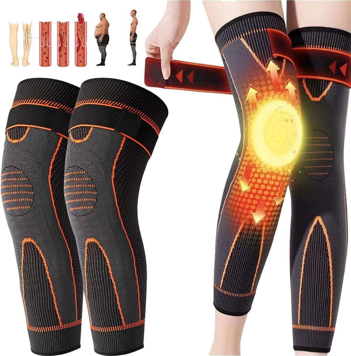 Knee Compression Sleeve 2 Pcs, Full-Length Knee and Foot Support Brace with Fixing Tape, Self-Warming Leg Sleeves for Walking, Standing and Light Activity - image 4