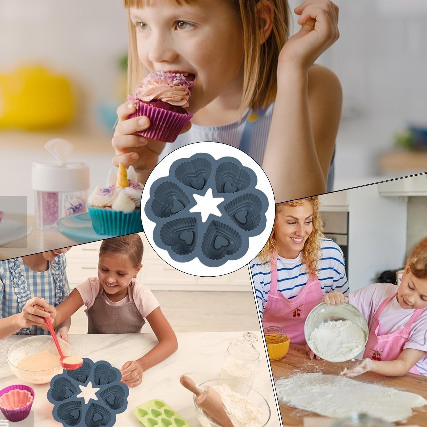 Silicone Cake Mold, 6-Cavity Heart-Shaped Non-Stick Baking Pan with Handle, BPA-Free Reusable Oven-Safe Tray for Cakes, Brownies, Muffins and Desserts, Grey - image 4