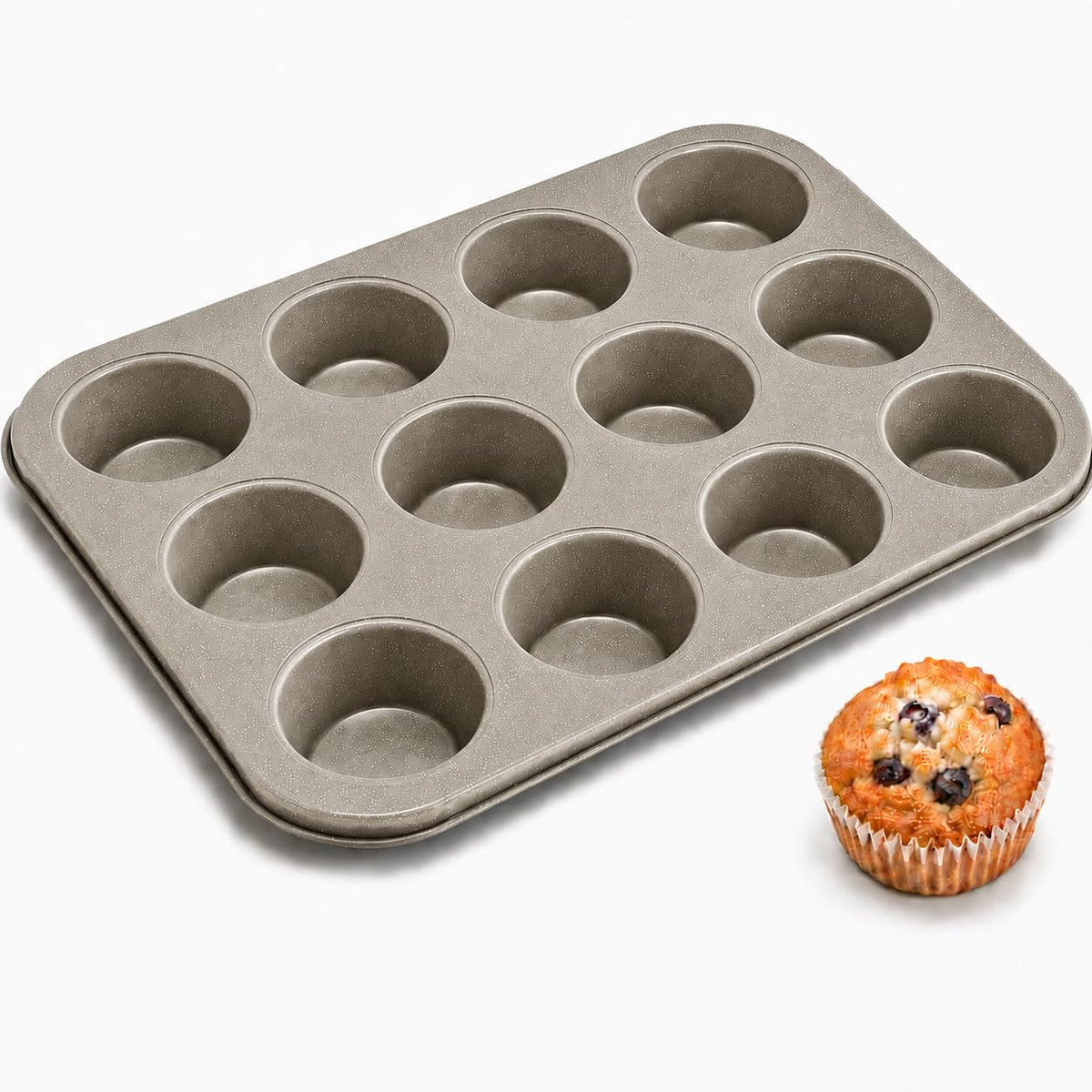 Muffin Pan 12 Cup, Nonstick Reusable Cupcake Baking Tray for Muffins, Mini Cakes, Egg Bites and Individual Desserts, 35 × 26cm, KK-24 (Silver) - image 1