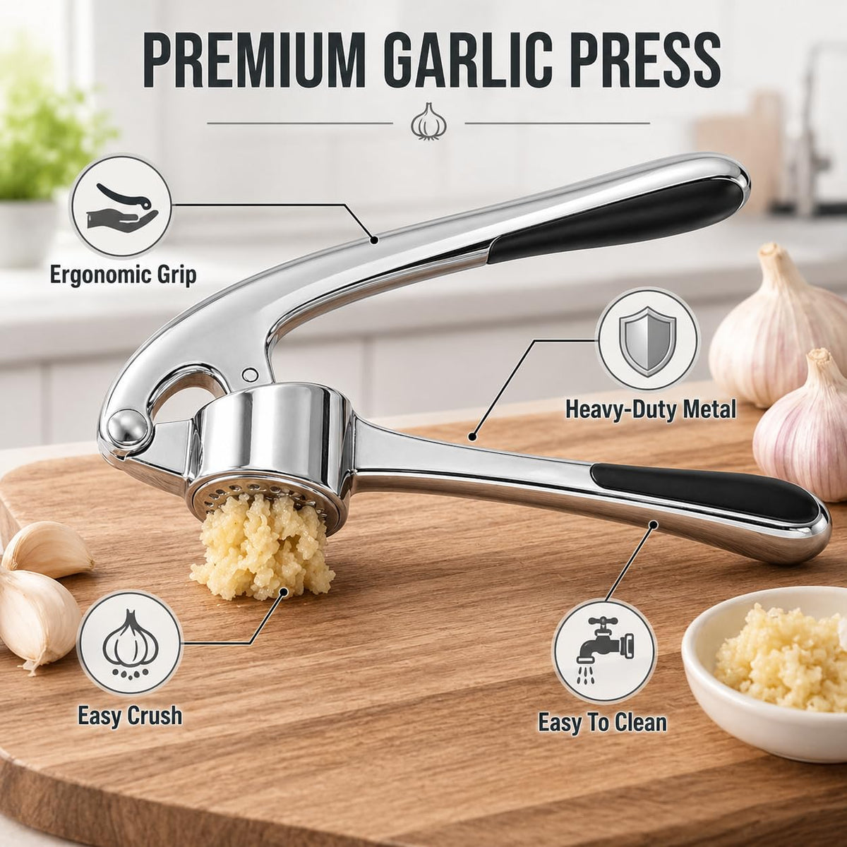 Garlic Press, Stainless Steel Manual Garlic Crusher and Mincer with Ergonomic Handle, Easy-Clean Kitchen Tool for Garlic Cloves, XD-81 - image 3
