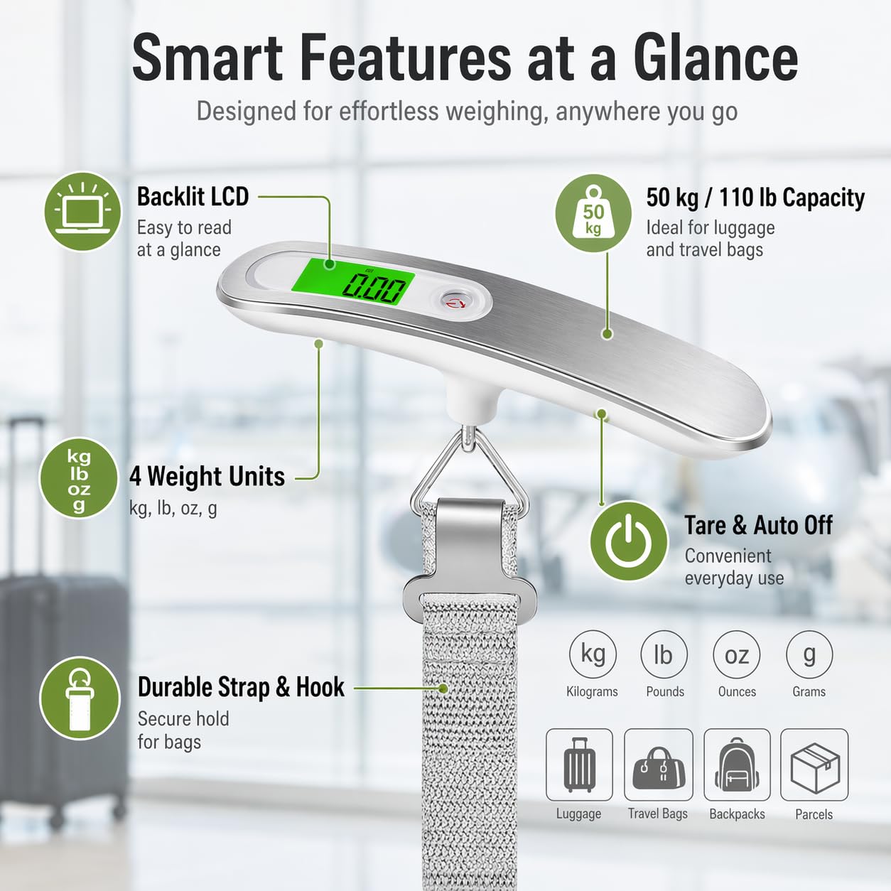 Digital Luggage Scale Portable Hanging Weight Scale 50kg 110lb with LCD Backlit Display and Hook – Electronic Travel Suitcase Scale for Home, Airport and Baggage - image 3