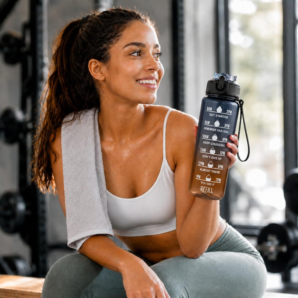 Water Bottle 1L with Time Markings and Carry Handle, Leak-Resistant Reusable Sports Bottle for Gym, Fitness, Work, School, Travel and Outdoor Use, FL-1263, Black & Orange - image 6