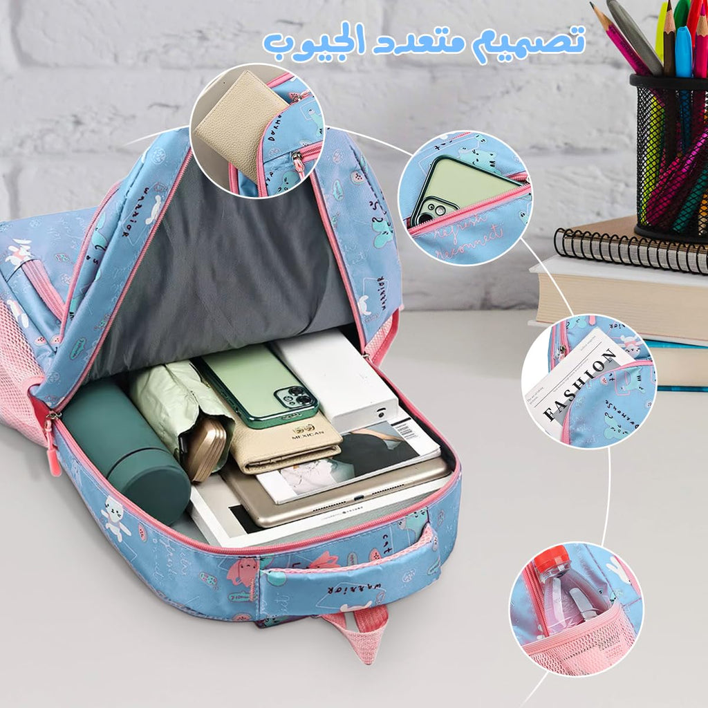 School Bag - Lightweight School Backpack for Kids & Girls, Multi Pocket, Large Capacity, Wear Resistant Breathable Nylon, Padded Straps, Side Bottle Pockets (Blue) - image 3