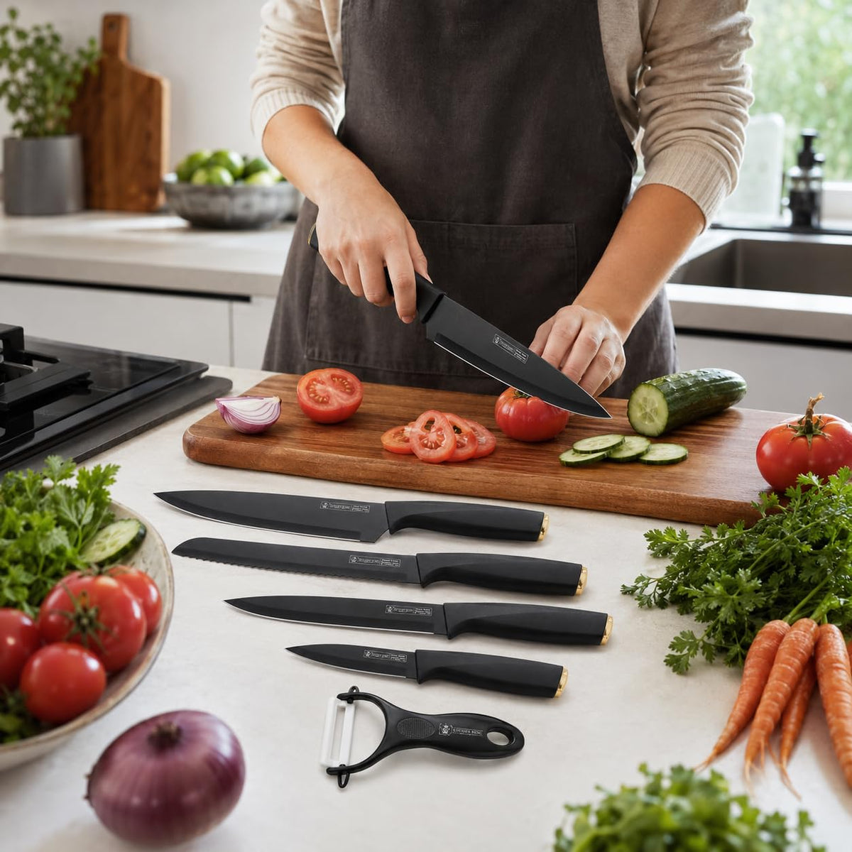 Kitchen Knife Set 6 Pieces, Non-Stick Marble-Coated Stainless Steel Knives with Chef, Bread, Slicing, Utility and Paring Blades for Food Preparation, H-736, Black - image 6